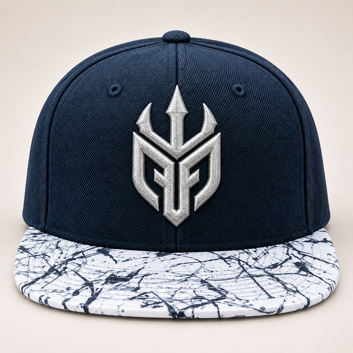 ⚔️🌌 Marble Tide – Poseidon Ward · Silver 3D puff · Navy Marble Brim Snapback | Hand Finished in Dubai | EmbroMania