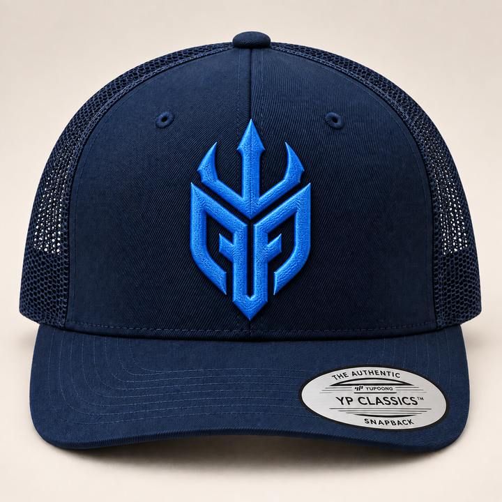 🔵⚔️ Sapphire Tide – Poseidon Ward · Blue 3D puff · Dark Navy Curved Trucker | Hand Finished in Dubai | EmbroMania