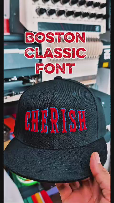Boston 3D Puff Custom Cap Embroidery Process — Machine Embroidered &amp; Hand Finished with Red &amp; Navy Letters in Dubai | EmbroMania