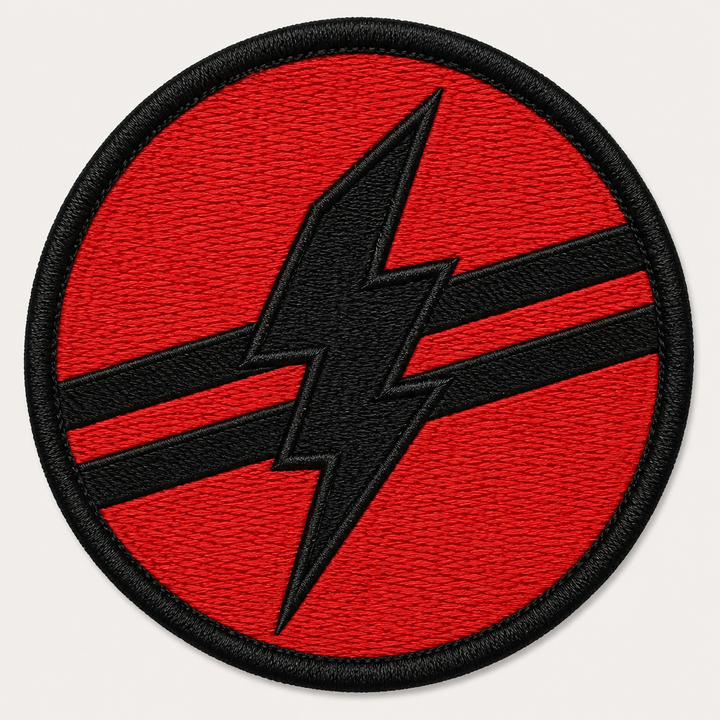 Racing Stripe Bolt embroidery patch featuring a lightning bolt crossed by two racing stripes in flat red and black | Hand Finished in Dubai | EmbroMania