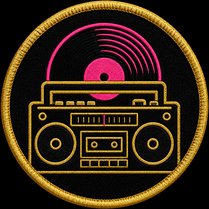 Retro Groove embroidery patch featuring a vinyl record behind a boombox silhouette in flat black and neon pink | Hand Finished in Dubai | EmbroMania