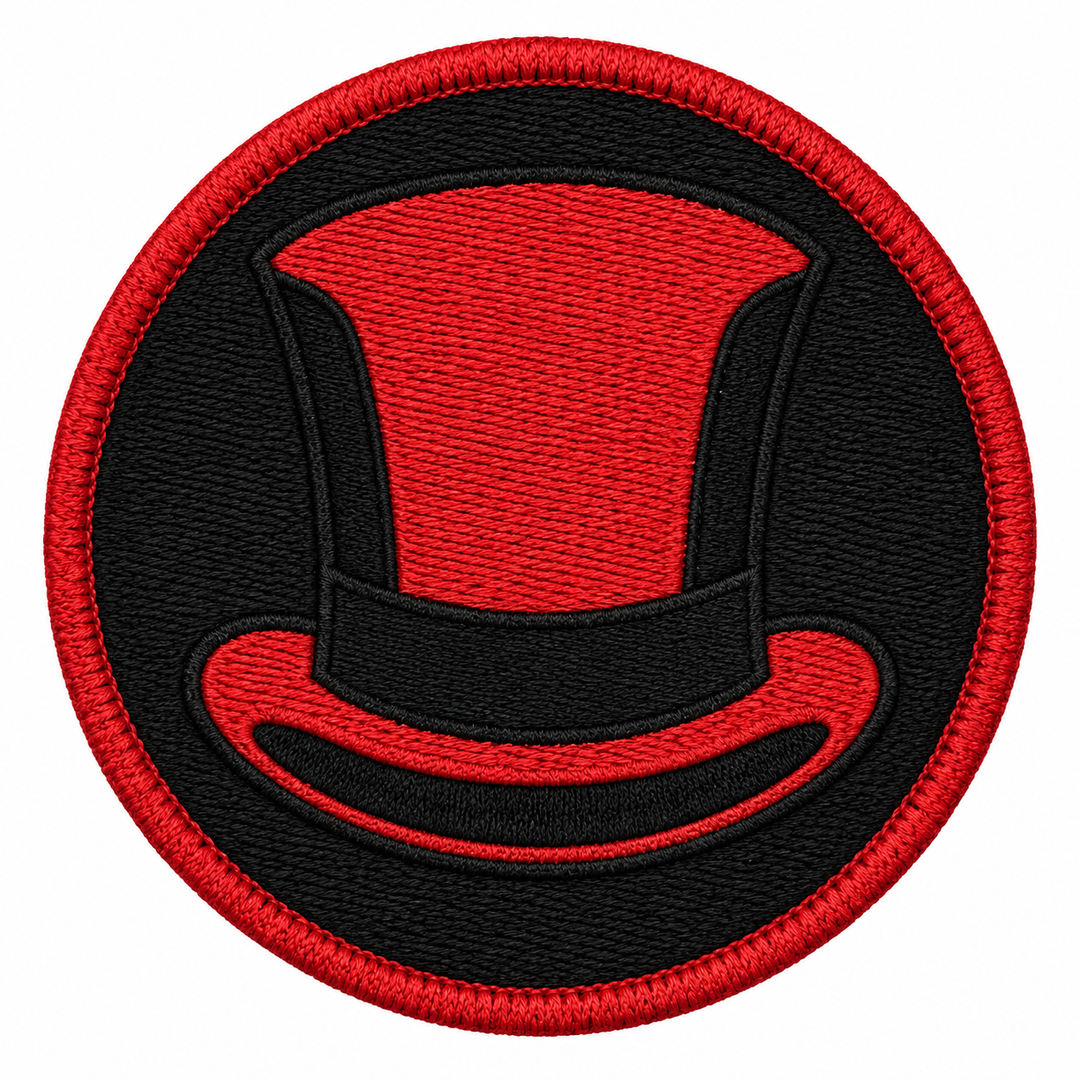 Ringmaster's Crown embroidery patch featuring a red top hat silhouette on black with a red merrowed border | Hand Finished in Dubai | EmbroMania