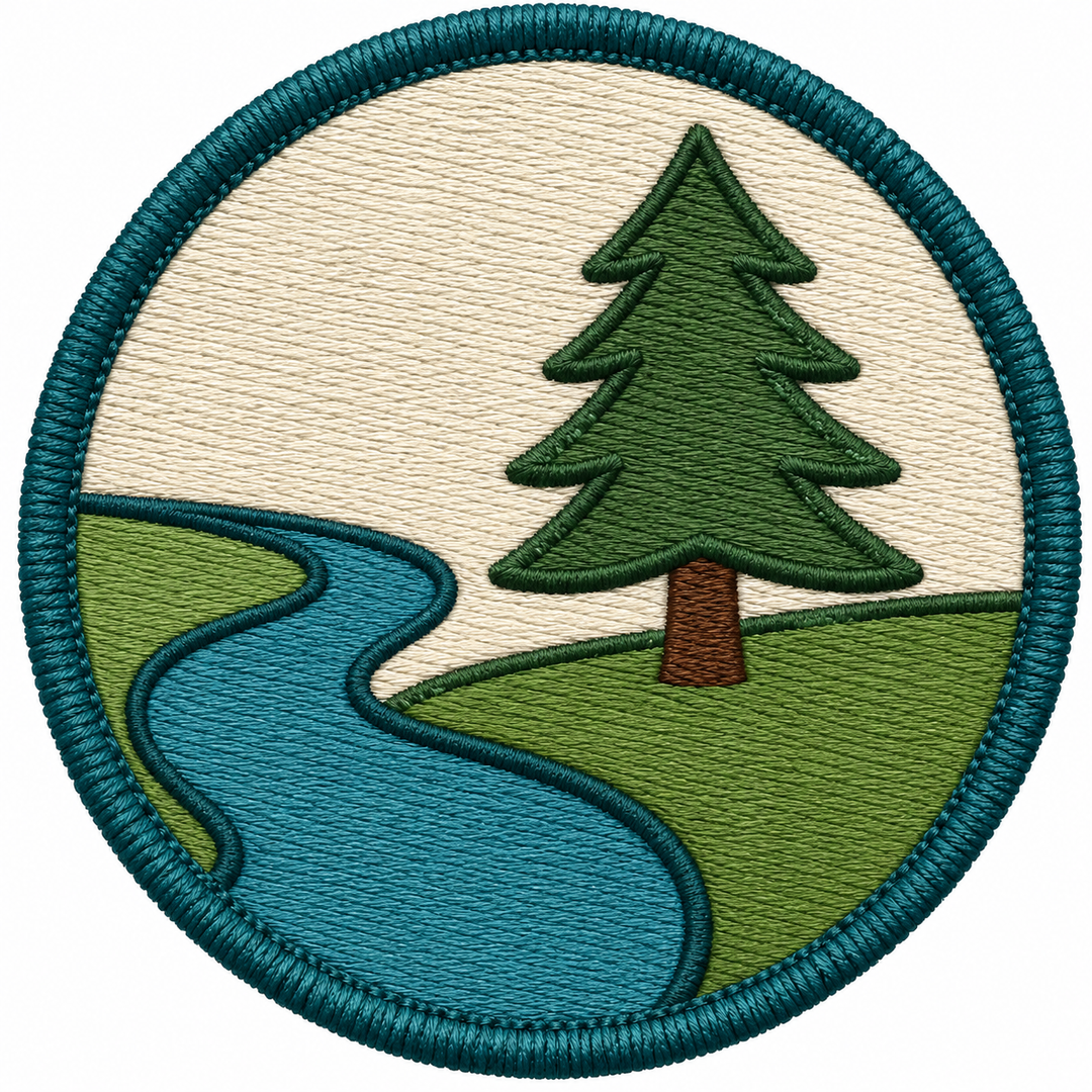 River Bend Hollow embroidery patch featuring a river curve beside a pine tree in flat teal and green | Hand Finished in Dubai | EmbroMania