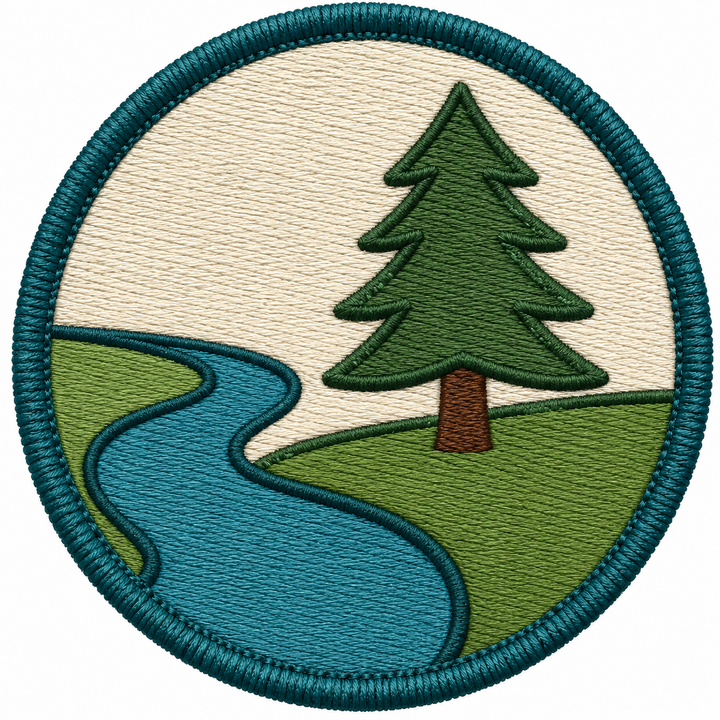 River Bend Hollow embroidery patch featuring a river curve beside a pine tree in flat teal and green | Hand Finished in Dubai | EmbroMania