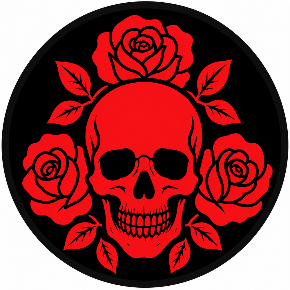 Rose Ring Skull embroidery patch featuring a skull ringed by open roses in flat black and crimson | Hand Finished in Dubai | EmbroMania