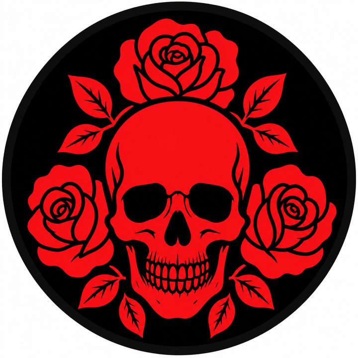 Rose Ring Skull embroidery patch featuring a skull ringed by open roses in flat black and crimson | Hand Finished in Dubai | EmbroMania