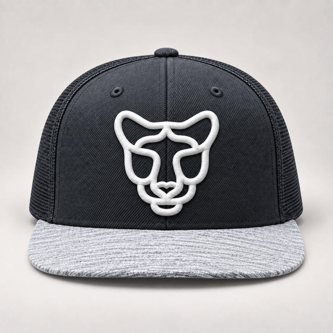 ⚡🐆 Ash Prowl – Silent Prowl Panther · White 3D puff · Charcoal &amp; Heather Grey Snapback | Hand Finished in Dubai | EmbroMania