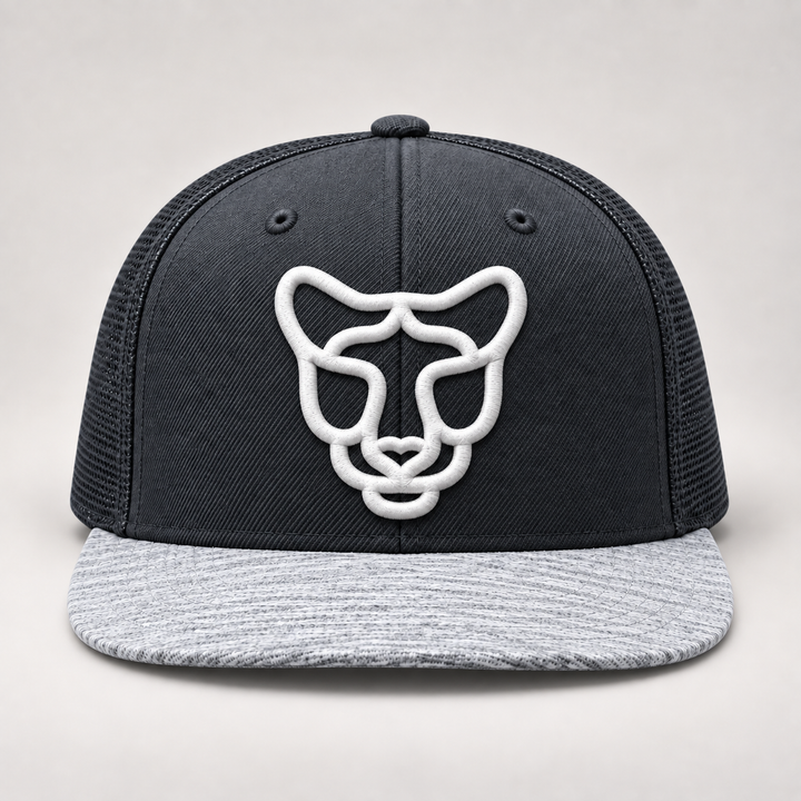 ⚡🐆 Ash Prowl – Silent Prowl Panther · White 3D puff · Charcoal &amp; Heather Grey Snapback | Hand Finished in Dubai | EmbroMania