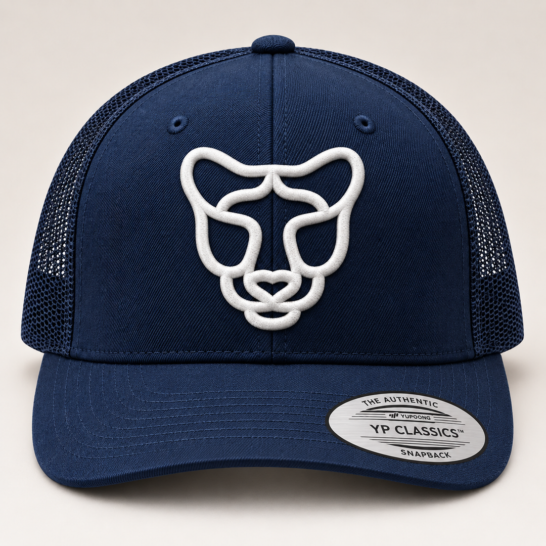 🌊🐆 Dark Navy Stalk – Silent Prowl Panther · White 3D puff · Dark Navy Curved Trucker | Hand Finished in Dubai | EmbroMania