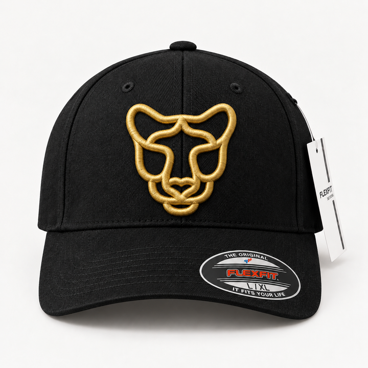 ✨🐆 Gilt Hunt – Silent Prowl Panther · Gold 3D puff · Black Solid Flexfit | Hand Finished in Dubai | EmbroMania