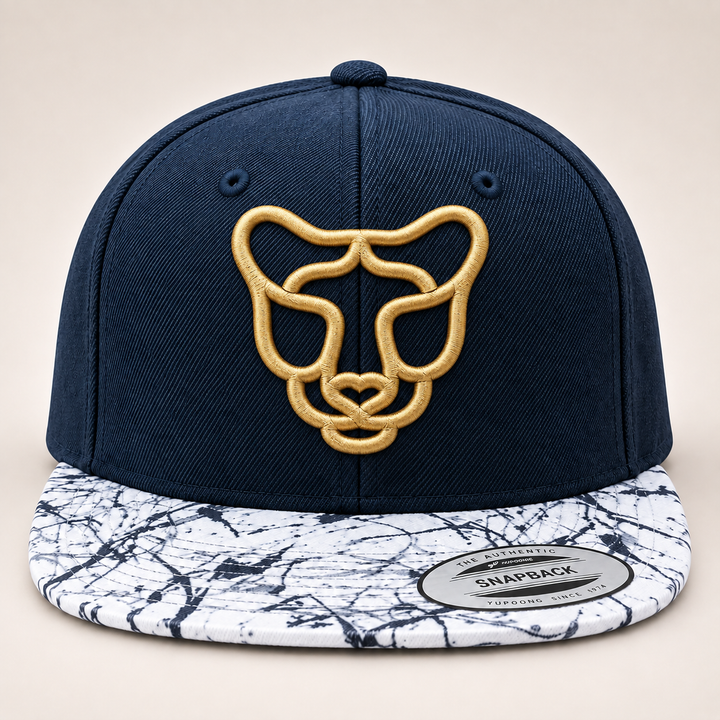 🌊✨ Marble Prowl – Silent Prowl Panther · Gold 3D puff · Navy Crown &amp; Marble Brim Snapback | Hand Finished in Dubai | EmbroMania
