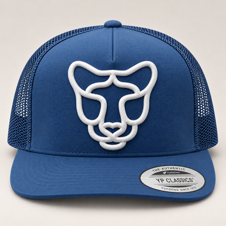 🌊🐆 Phantom Stride – Silent Prowl Panther · White 3D puff · Steel Blue Flat Trucker | Hand Finished in Dubai | EmbroMania
