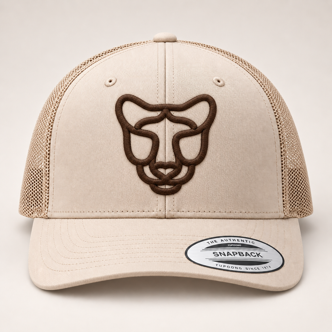 🏜️🐆 Sahara Stalk – Silent Prowl Panther · Brown 3D puff · Sand Beige Retro Trucker | Hand Finished in Dubai | EmbroMania