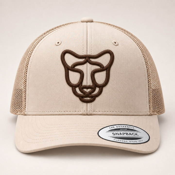 🏜️🐆 Sahara Stalk – Silent Prowl Panther · Brown 3D puff · Sand Beige Retro Trucker | Hand Finished in Dubai | EmbroMania