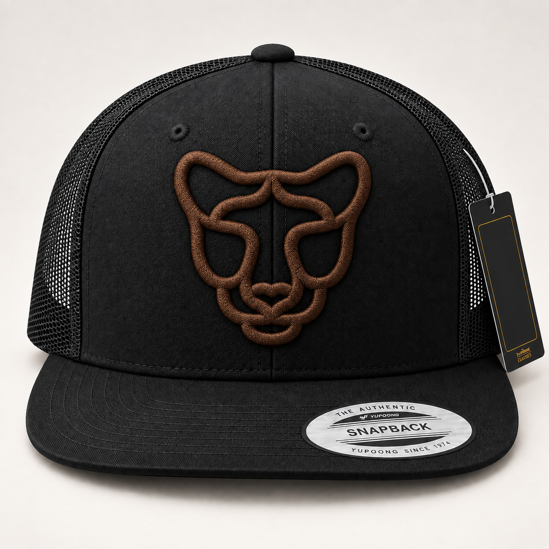 🐆🖤 Shadow Prowl – Silent Prowl Panther · Brown 3D puff · Black Flat Trucker YP Classics | Hand Finished in Dubai | EmbroMania