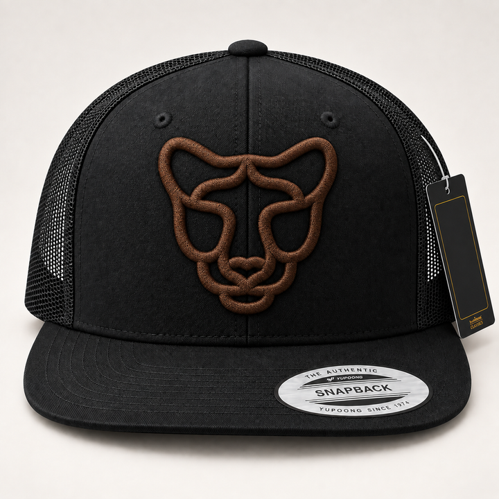 🐆🖤 Shadow Prowl – Silent Prowl Panther · Brown 3D puff · Black Flat Trucker YP Classics | Hand Finished in Dubai | EmbroMania