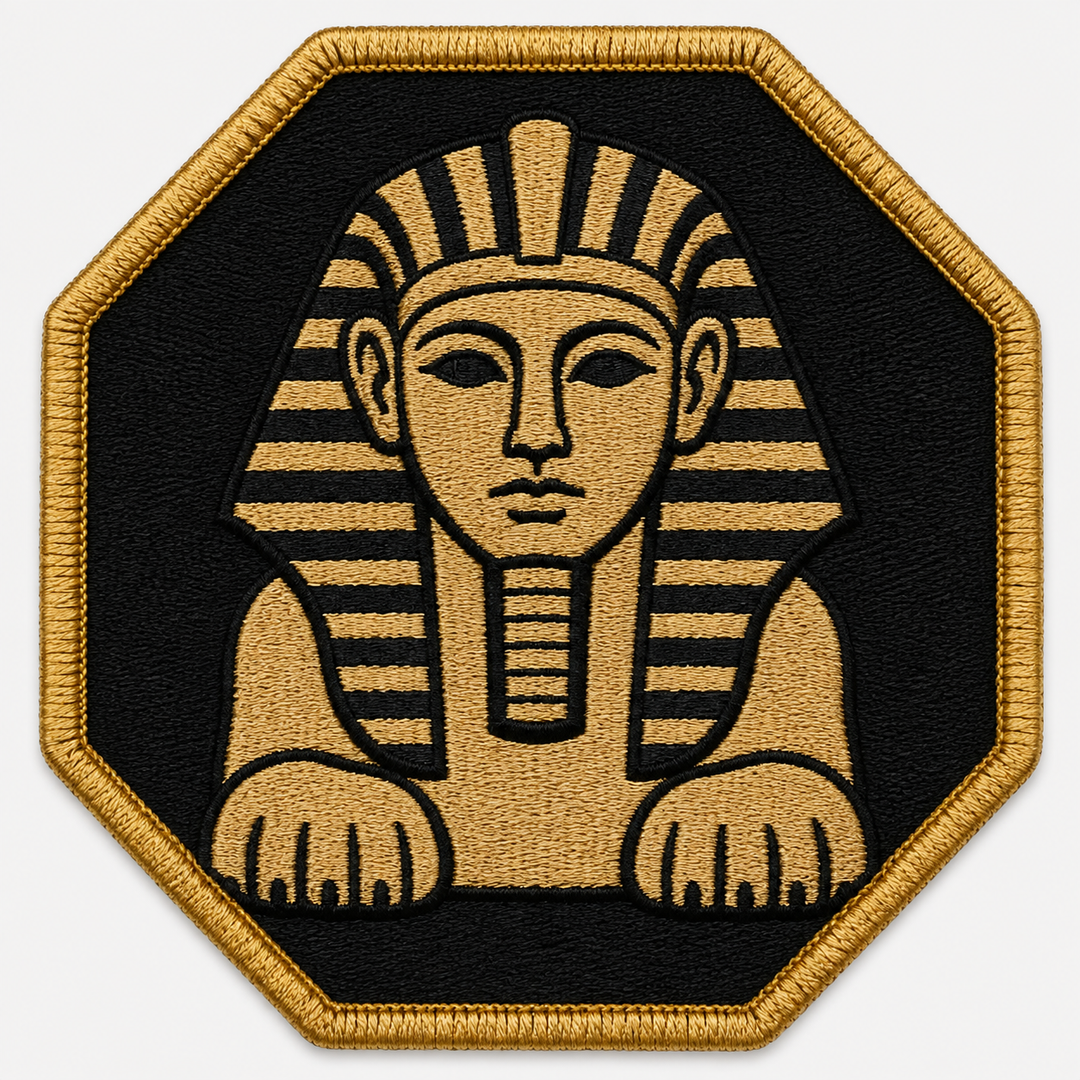 Sphinx Riddle embroidery patch featuring a sphinx head and paws silhouette in flat sand and black | Hand Finished in Dubai | EmbroMania