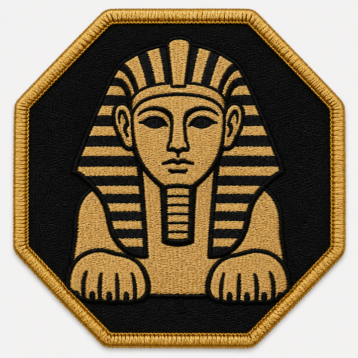Sphinx Riddle embroidery patch featuring a sphinx head and paws silhouette in flat sand and black | Hand Finished in Dubai | EmbroMania