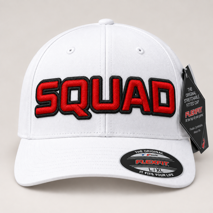 🔥 Bold Statement – Squad Outline 3D Puff · Black outline · Red fill · White Flexfit | Hand Finished in Dubai | EmbroMania