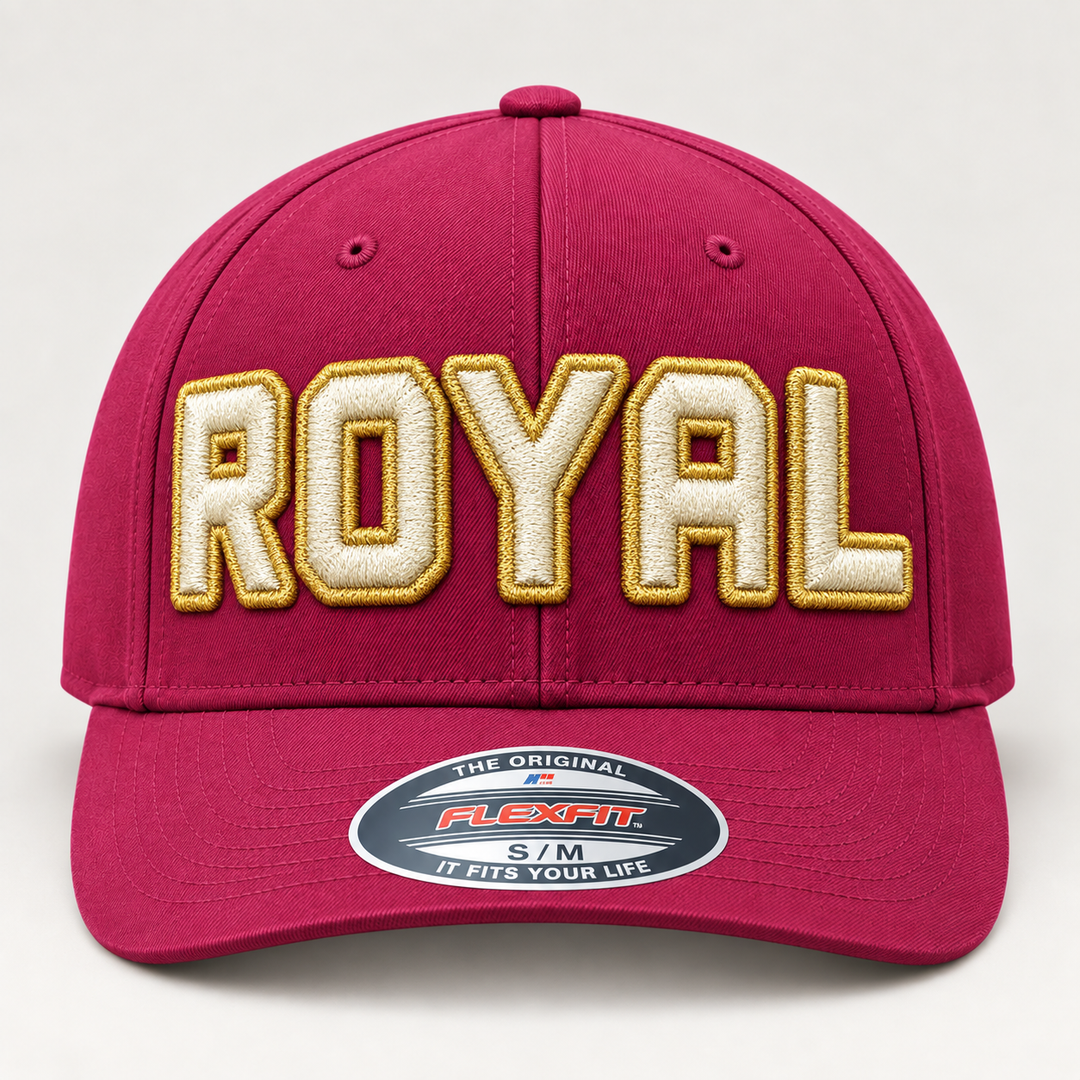 🍷 Claret Crown – Squad Outline 3D Puff · Gold outline · Cream fill · Burgundy Flexfit | Hand Finished in Dubai | EmbroMania