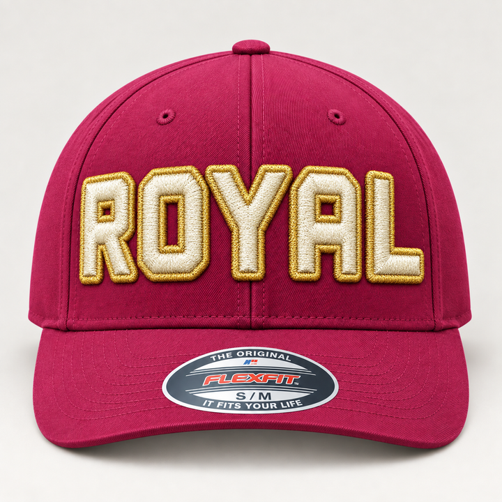 🍷 Claret Crown – Squad Outline 3D Puff · Gold outline · Cream fill · Burgundy Flexfit | Hand Finished in Dubai | EmbroMania