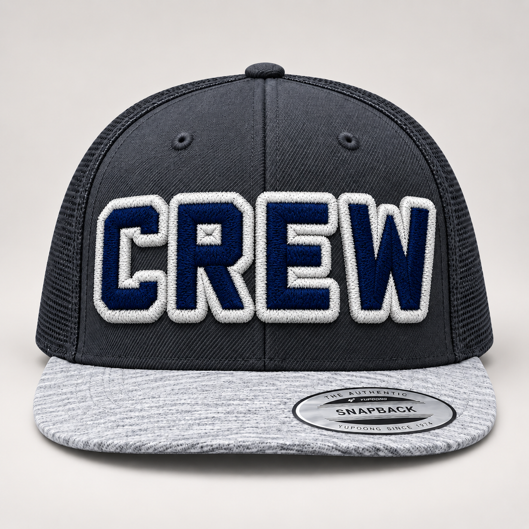 ✨ Clean Modern – Squad Outline 3D Puff · White outline · Navy fill · Charcoal Heather Snapback | Hand Finished in Dubai | EmbroMania