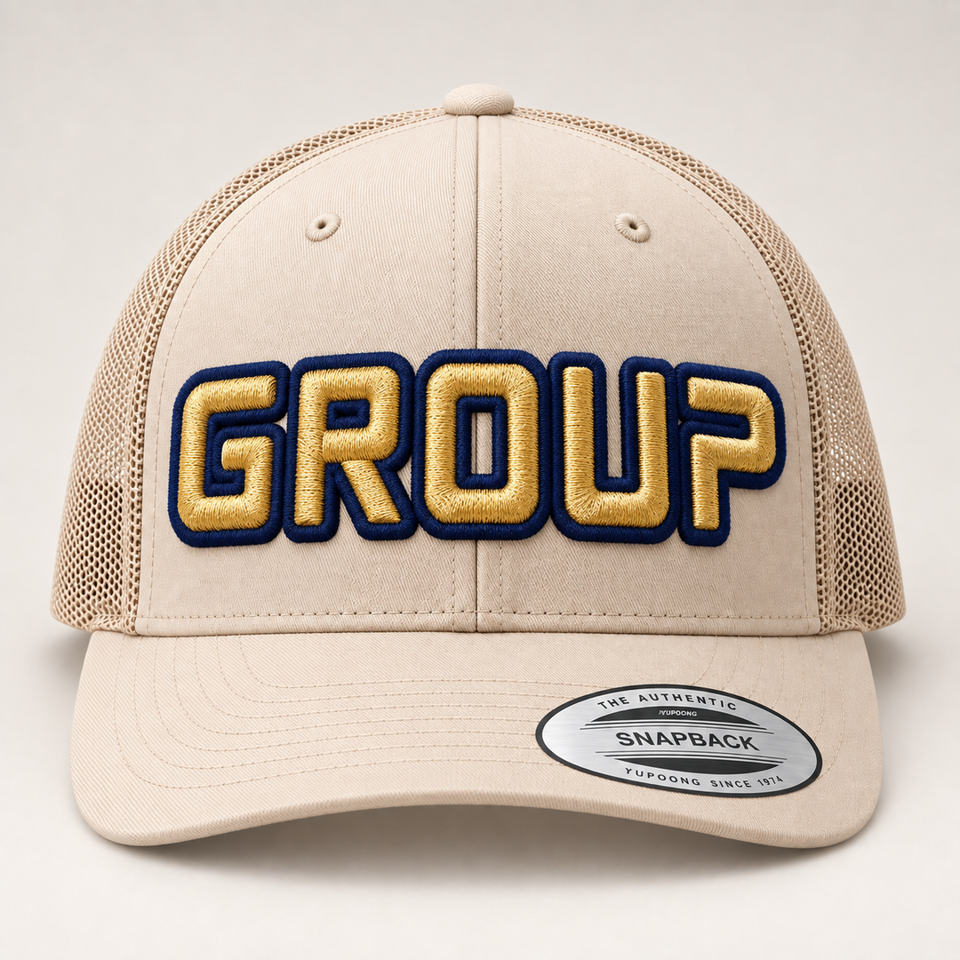 💼 Corporate Refinement – Squad Outline 3D Puff · Navy outline · Gold fill · Beige Retro Trucker | Hand Finished in Dubai | EmbroMania