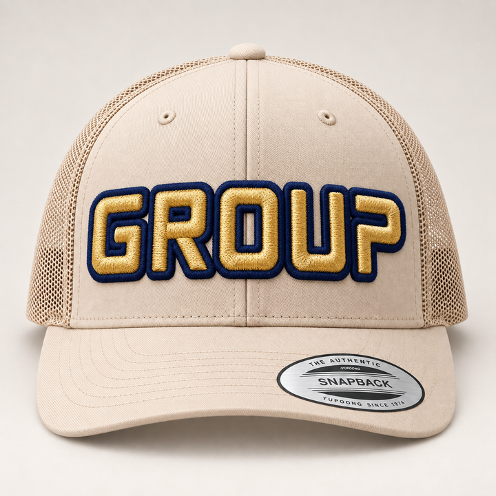 💼 Corporate Refinement – Squad Outline 3D Puff · Navy outline · Gold fill · Beige Retro Trucker | Hand Finished in Dubai | EmbroMania