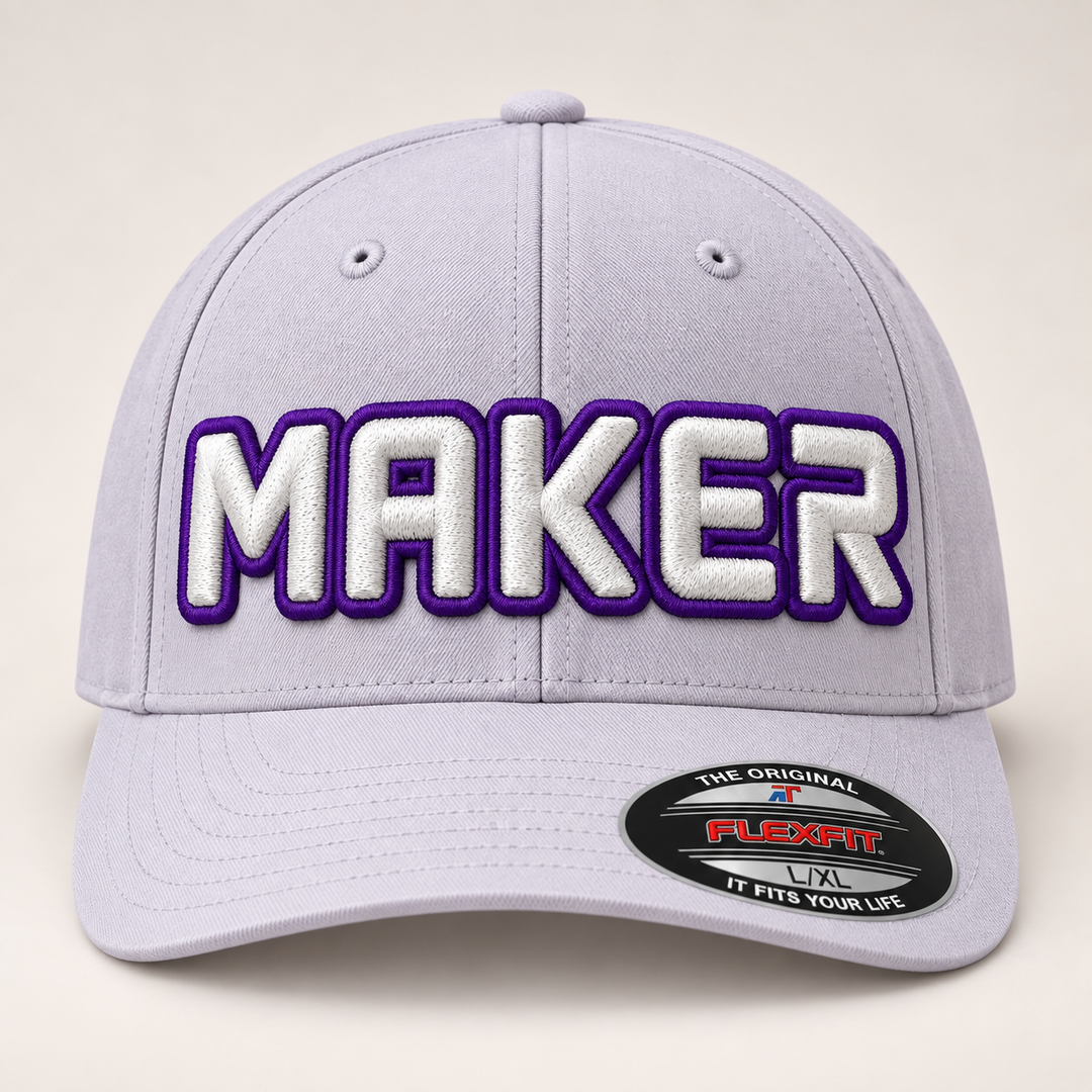 💜 Creative Edge – Squad Outline 3D Puff · Purple outline · White fill · Light Grey Flexfit | Hand Finished in Dubai | EmbroMania