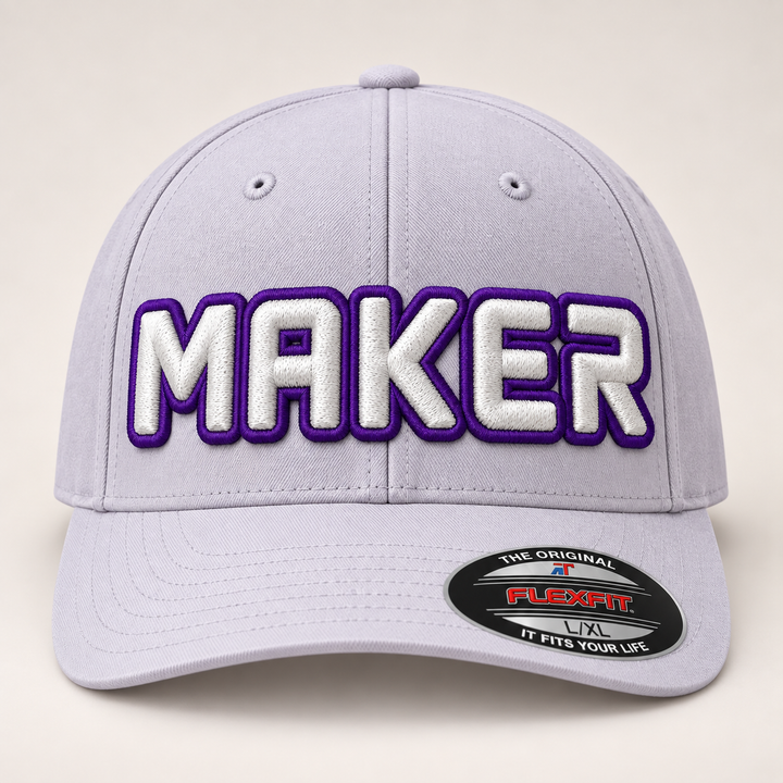💜 Creative Edge – Squad Outline 3D Puff · Purple outline · White fill · Light Grey Flexfit | Hand Finished in Dubai | EmbroMania