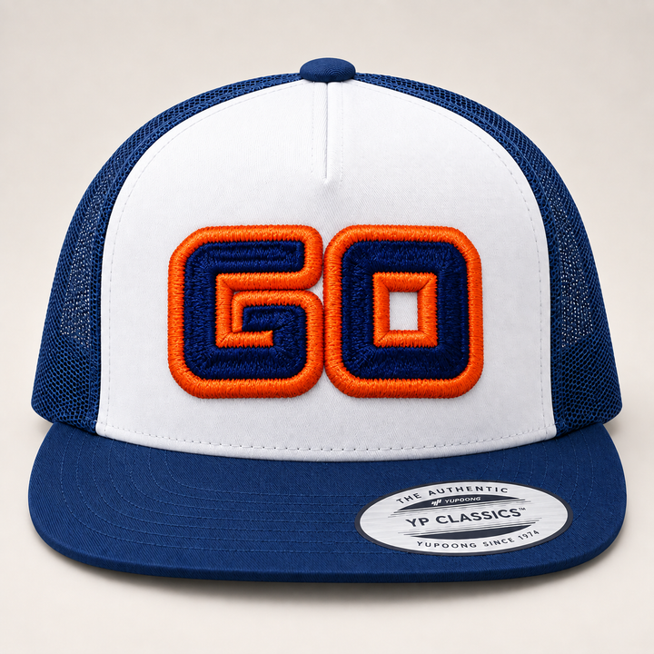 🧡 High Energy – Squad Outline 3D Puff · Orange outline · Navy fill · White &amp; Navy Foam Trucker | Hand Finished in Dubai | EmbroMania