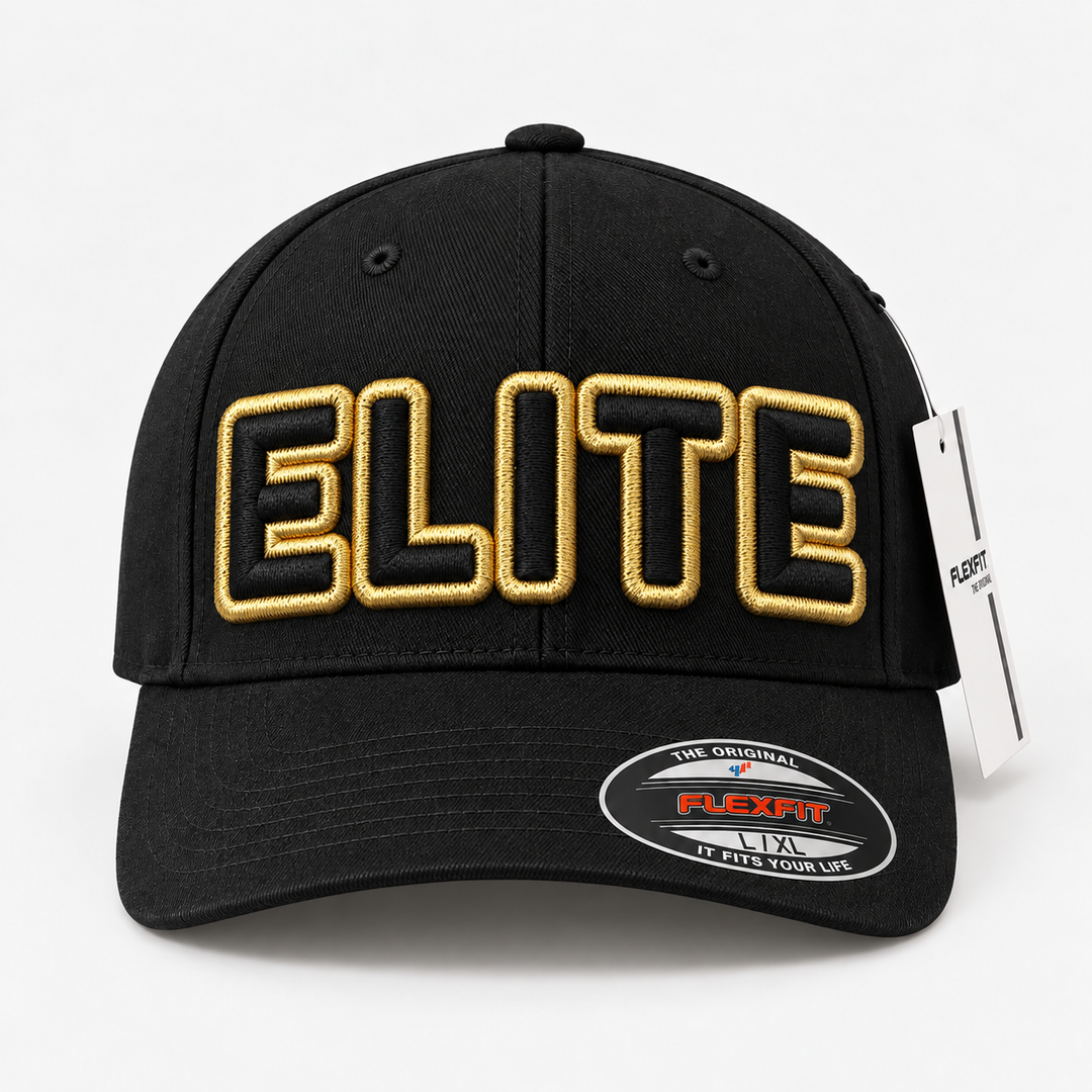 🏆 Luxury Prestige – Squad Outline 3D Puff · Gold outline · Black fill · Black Flexfit | Hand Finished in Dubai | EmbroMania