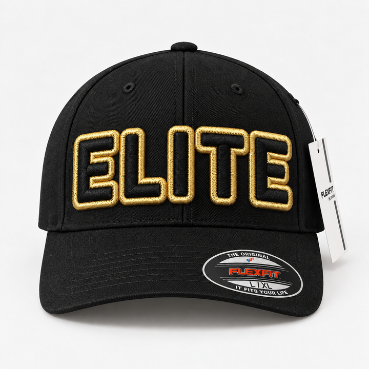 🏆 Luxury Prestige – Squad Outline 3D Puff · Gold outline · Black fill · Black Flexfit | Hand Finished in Dubai | EmbroMania