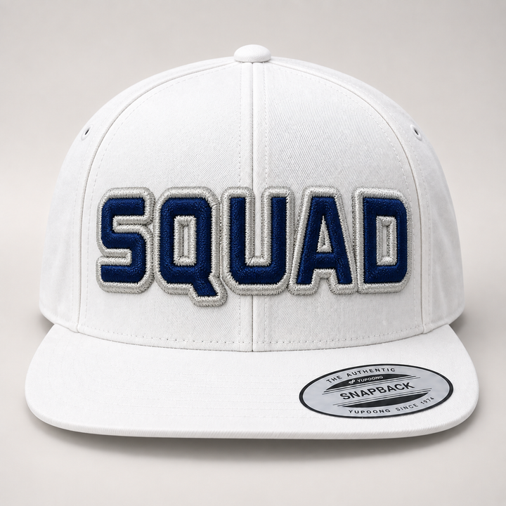 ⚪ Silver Standard – Squad Outline 3D Puff · Silver outline · Navy fill · All White Snapback | Hand Finished in Dubai | EmbroMania