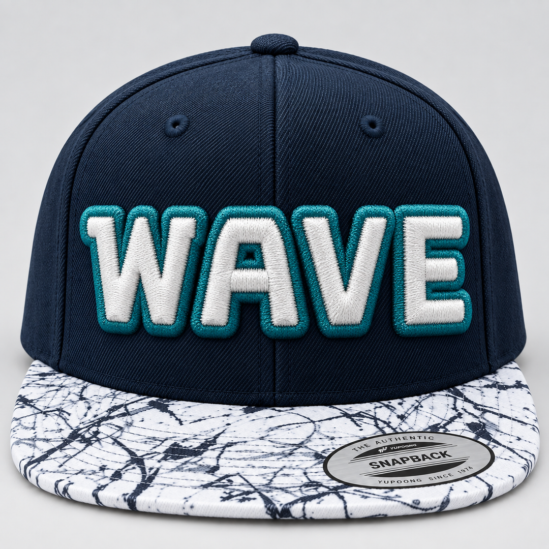 🌊 Teal Edge – Squad Outline 3D Puff · Teal outline · White fill · Navy Marble Brim Snapback | Hand Finished in Dubai | EmbroMania
