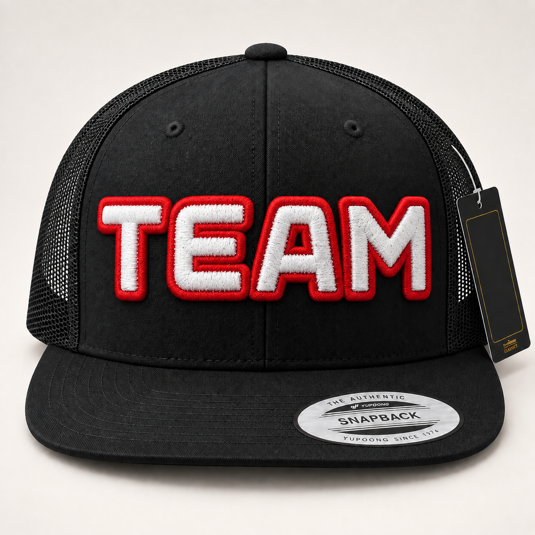 🎈 Vibrant Pop – Squad Outline 3D Puff · Red outline · White fill · Black Flat Trucker | Hand Finished in Dubai | EmbroMania