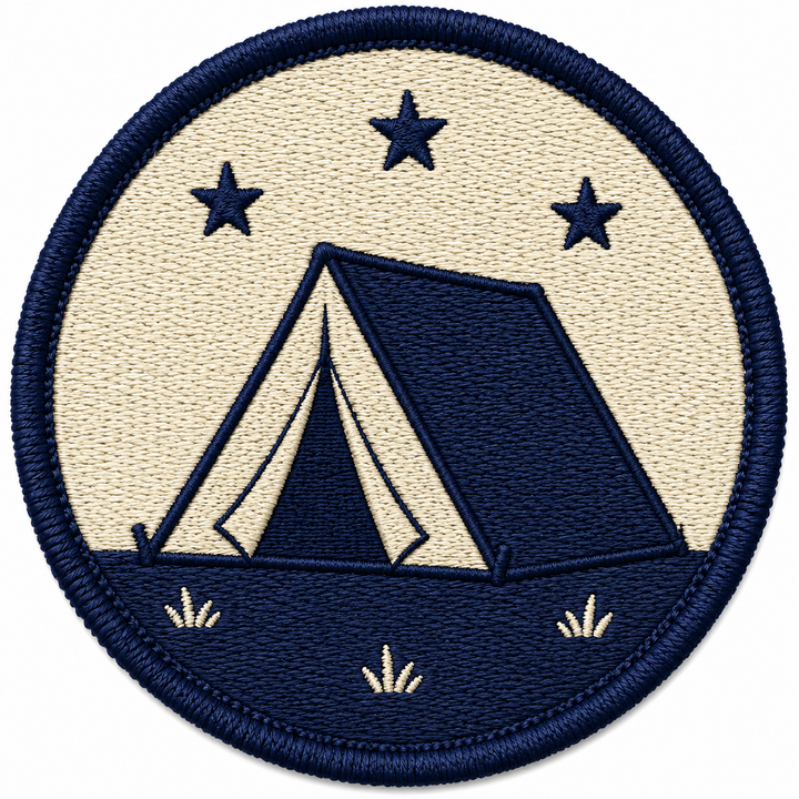 Starlit Tent Haven embroidery patch featuring an A-frame tent under stars in flat navy and cream | Hand Finished in Dubai | EmbroMania