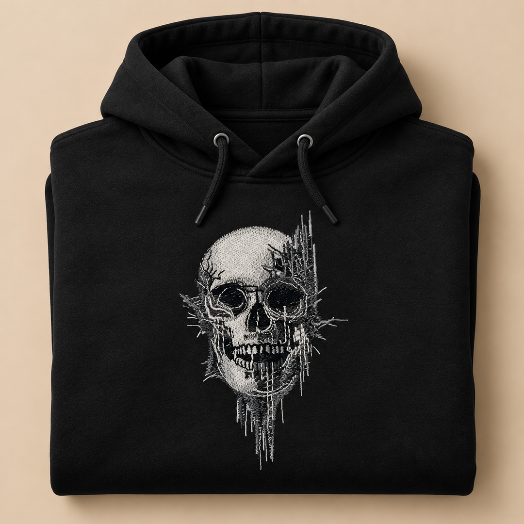 Static Fracture Skull Machine Embroidered Hoodie in Large Black – Glitch-effect fractured skull design embroidered on black 320gsm premium fleece | Hand Finished in Dubai