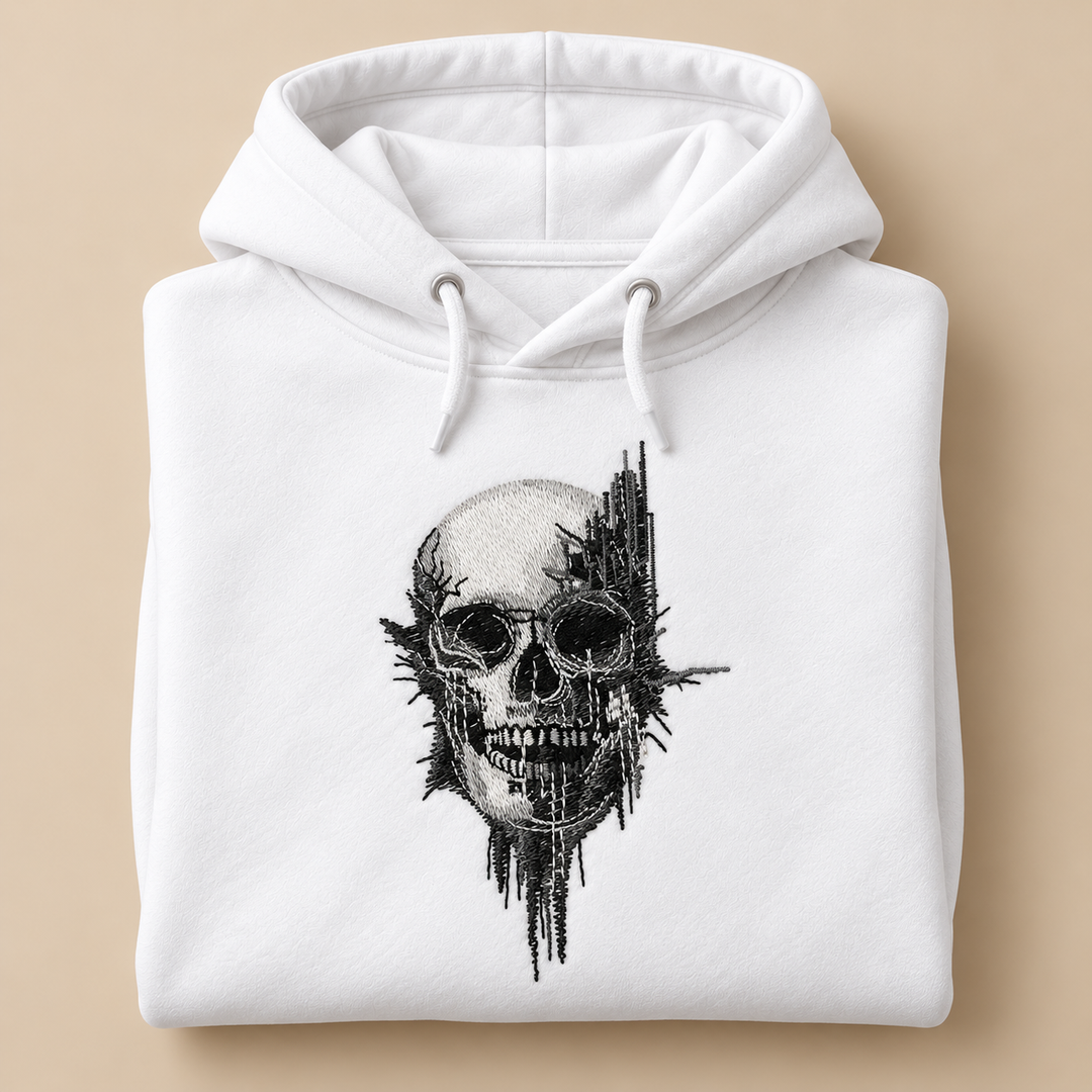 Static Fracture Skull Machine Embroidered Hoodie in Large Burgundy – Glitch-effect fractured skull design embroidered on burgundy 320gsm premium fleece | Hand Finished in Dubai