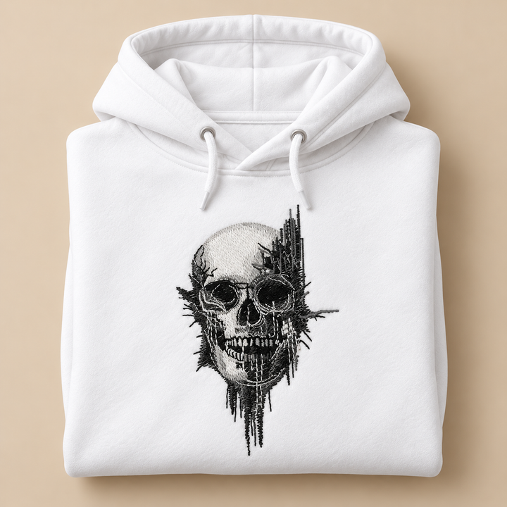 Static Fracture Skull Machine Embroidered Hoodie in Large Burgundy – Glitch-effect fractured skull design embroidered on burgundy 320gsm premium fleece | Hand Finished in Dubai