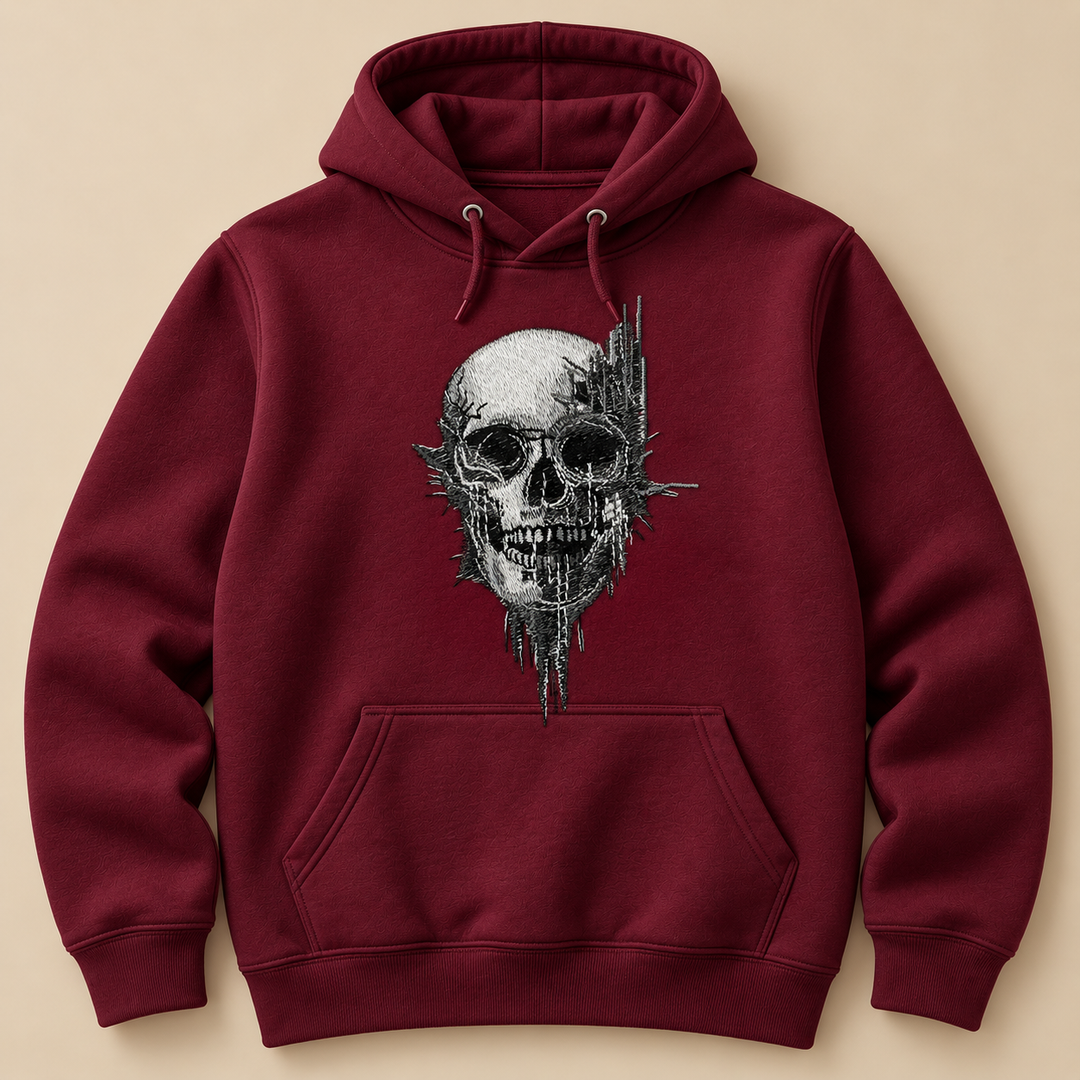Static Fracture Skull Machine Embroidered Hoodie in Large White – Glitch-effect fractured skull design embroidered on white 320gsm premium fleece | Hand Finished in Dubai