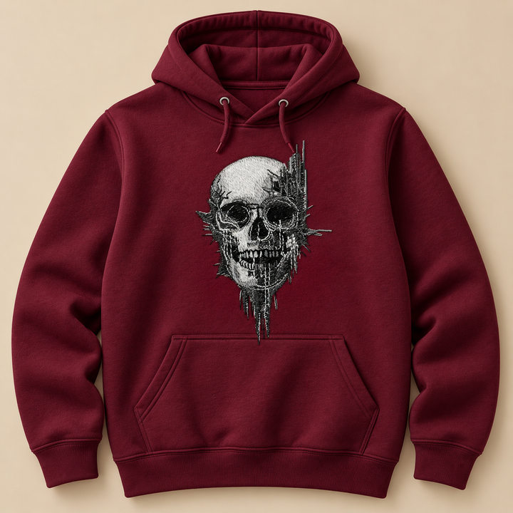 Static Fracture Skull Machine Embroidered Hoodie in Large White – Glitch-effect fractured skull design embroidered on white 320gsm premium fleece | Hand Finished in Dubai