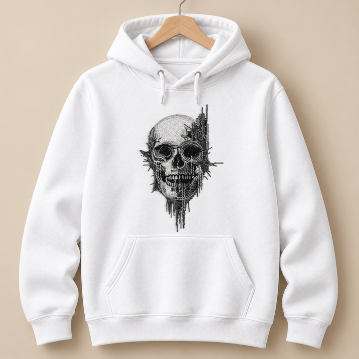 Static Fracture Skull Machine Embroidered Hoodie in Medium Burgundy – Glitch-effect fractured skull design embroidered on burgundy 320gsm premium fleece | Hand Finished in Dubai