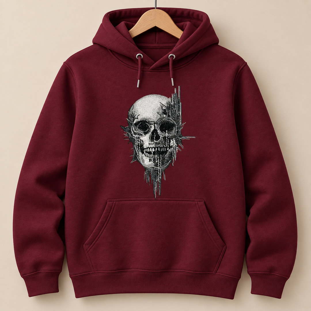 Static Fracture Skull Machine Embroidered Hoodie in Medium White – Glitch-effect fractured skull design embroidered on white 320gsm premium fleece | Hand Finished in Dubai