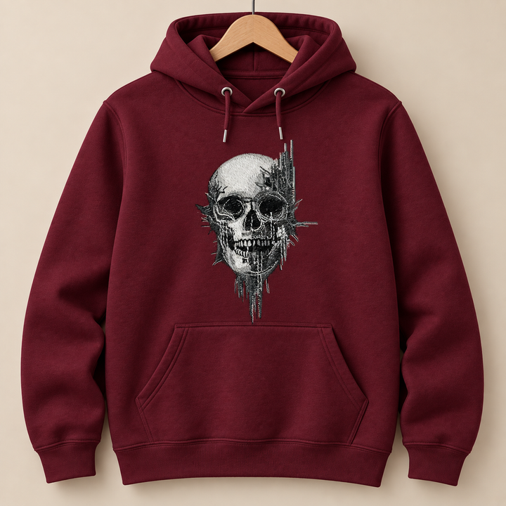 Static Fracture Skull Machine Embroidered Hoodie in Medium White – Glitch-effect fractured skull design embroidered on white 320gsm premium fleece | Hand Finished in Dubai