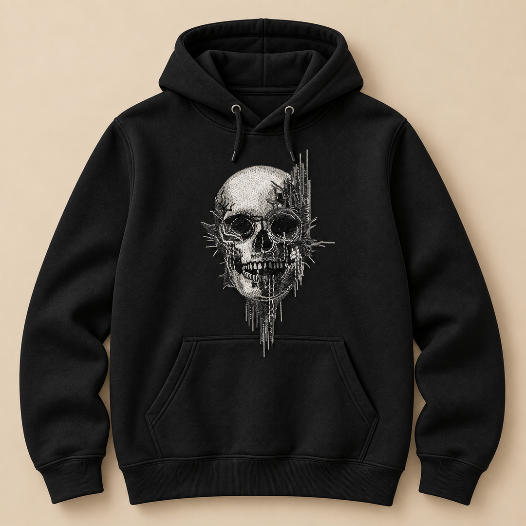 Static Fracture Skull Machine Embroidered Hoodie in Small Black – Glitch-effect fractured skull design embroidered on black 320gsm premium fleece | Hand Finished in Dubai