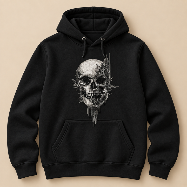 Static Fracture Skull Machine Embroidered Hoodie in Small Black – Glitch-effect fractured skull design embroidered on black 320gsm premium fleece | Hand Finished in Dubai
