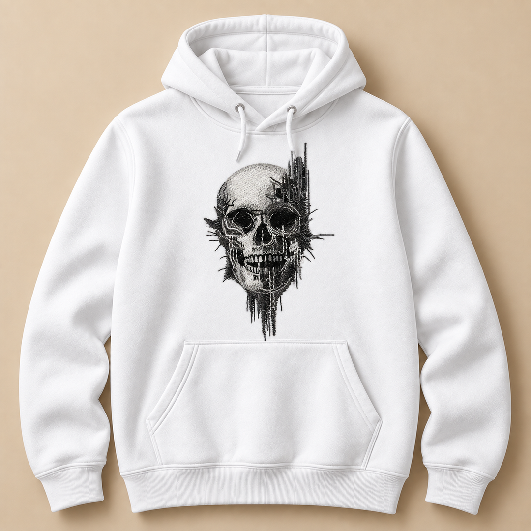 Static Fracture Skull Machine Embroidered Hoodie in Small Burgundy – Glitch-effect fractured skull design embroidered on burgundy 320gsm premium fleece | Hand Finished in Dubai