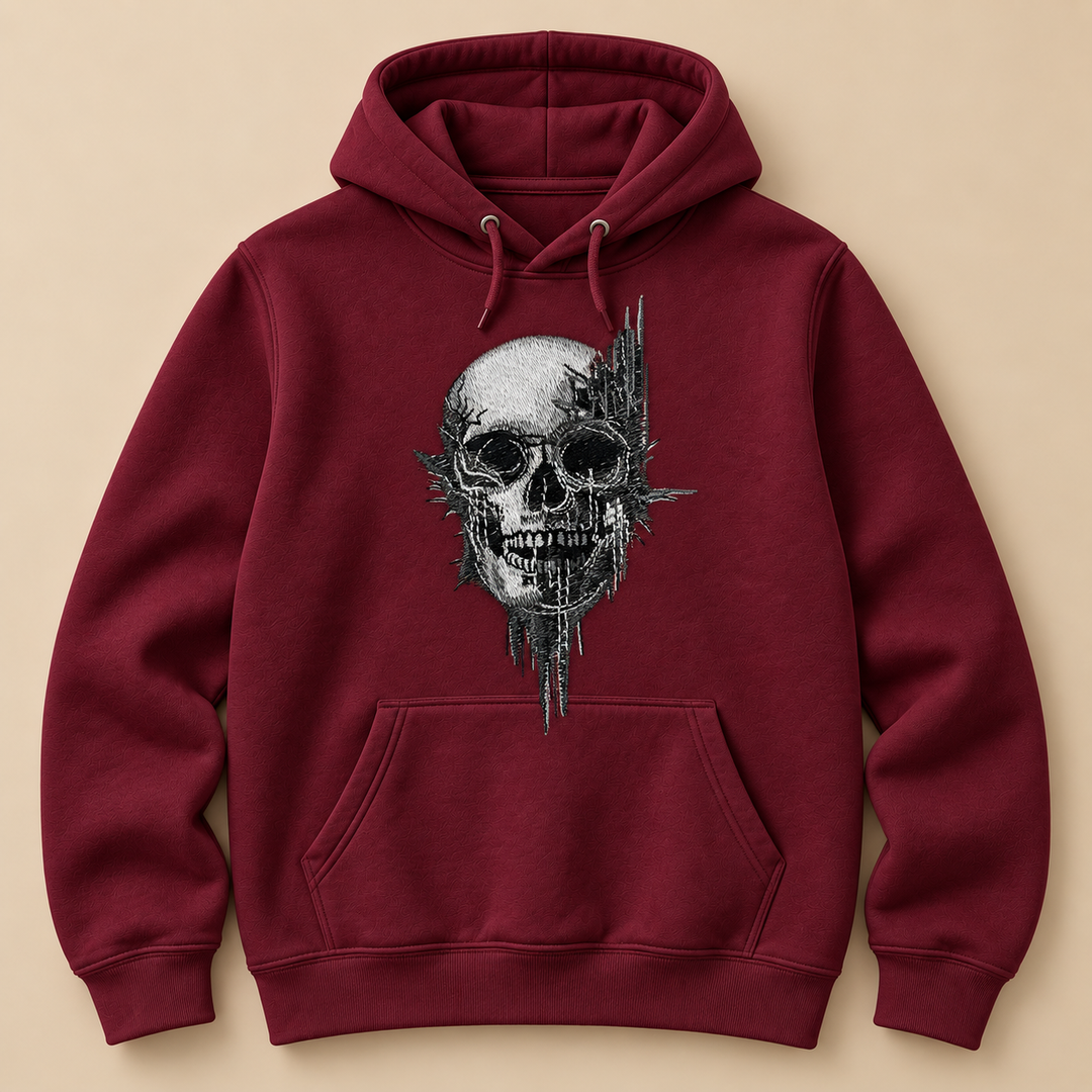 Static Fracture Skull Machine Embroidered Hoodie in Small White – Glitch-effect fractured skull design embroidered on white 320gsm premium fleece | Hand Finished in Dubai