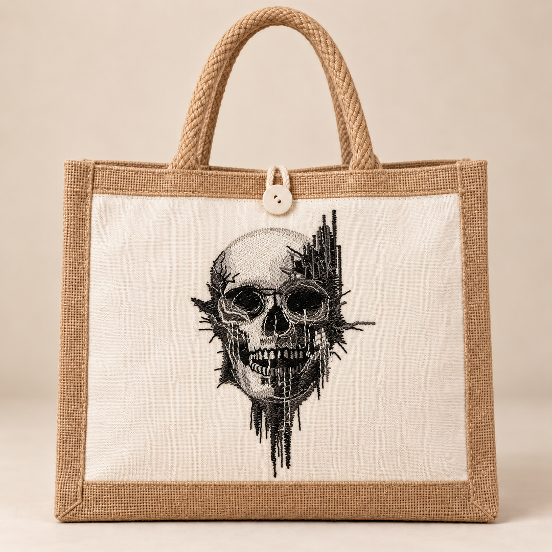 Static Fracture Skull Machine Embroidered Jute Tote – Glitch-effect fractured skull design embroidered on premium natural jute | Hand Finished in Dubai